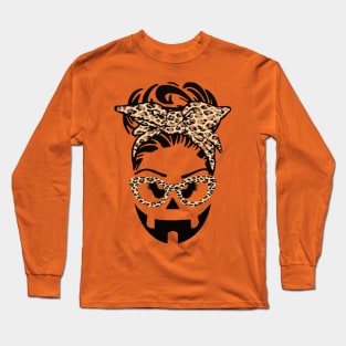 Jack O Lantern Face pumpkin messy bun Halloween leopard funny Long Sleeve T-Shirt